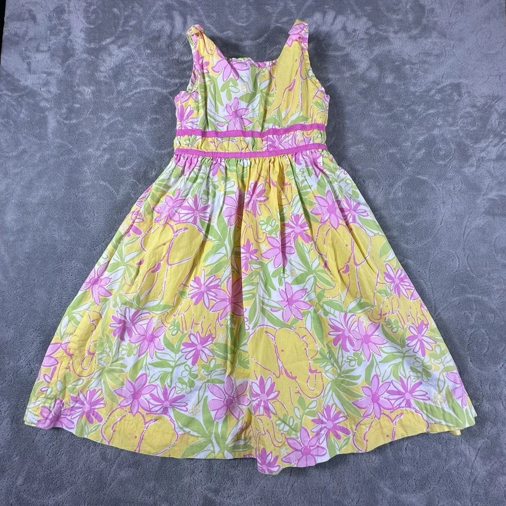 Lilly Pulitzer Elephant Floral Sun Dress Girl 7 Yellow Pink Artsy Beach Vacation